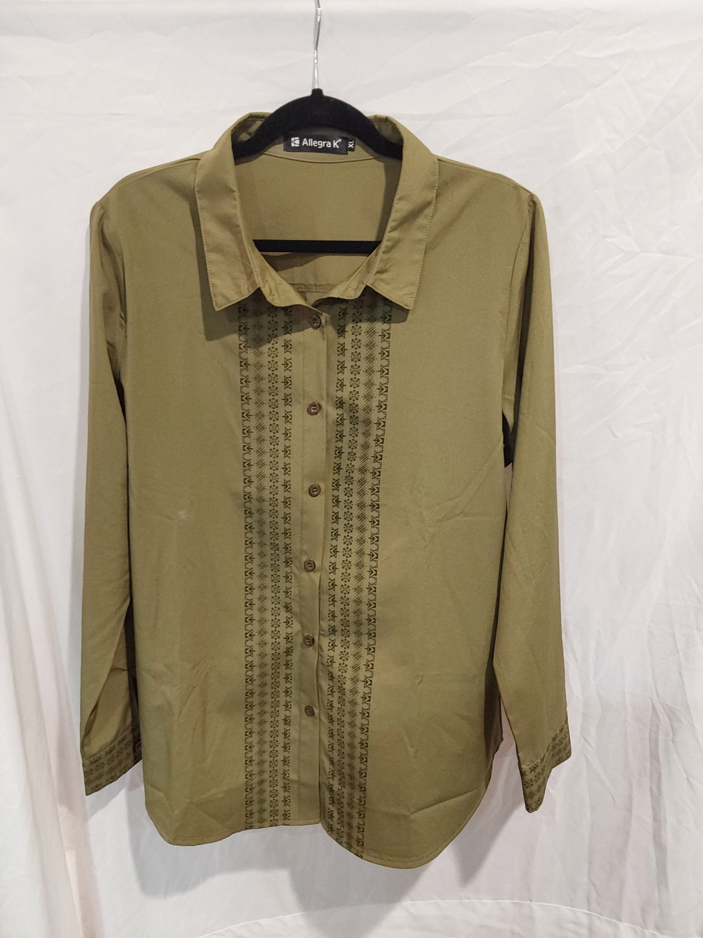 Allegra K Olive Button-Front Embroidered Women’s Shirt